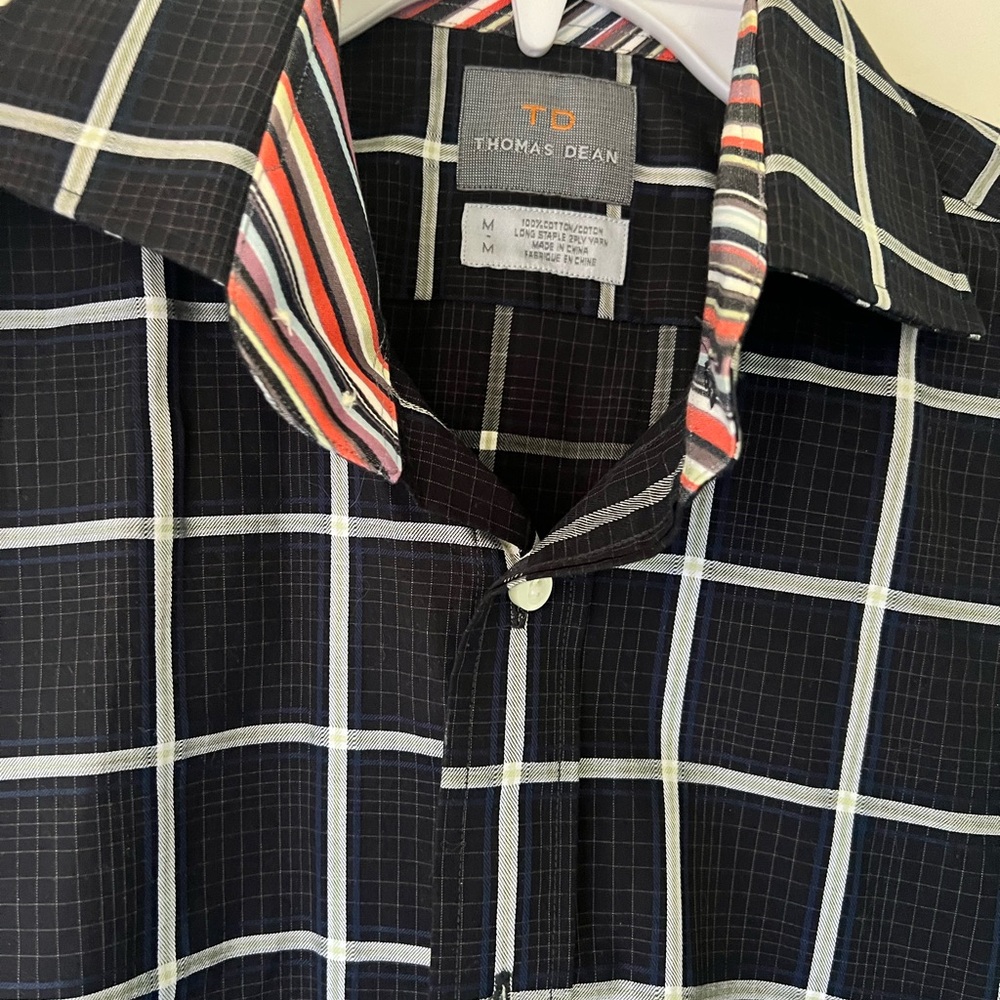 Thomas Dean Black and White Casual Button Down Shirt